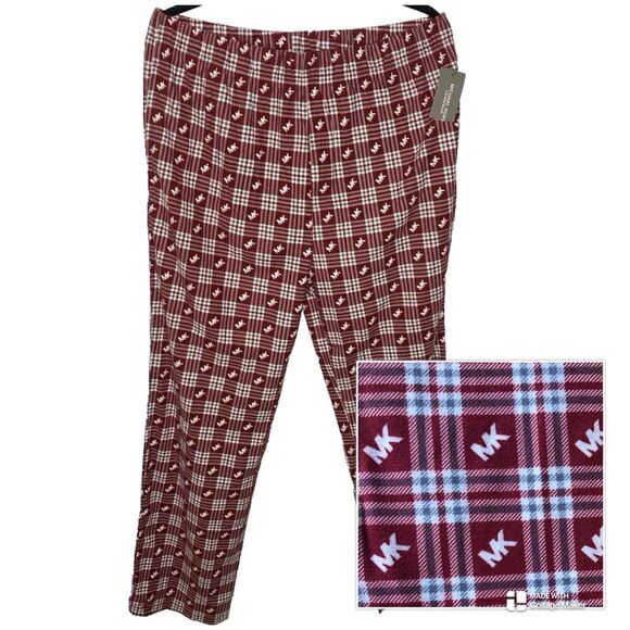 MICHAEL KORS Loungewear Pants Pull On Pockets Plaid Logo MK Pajama Mens L Red - Picture 1 of 9